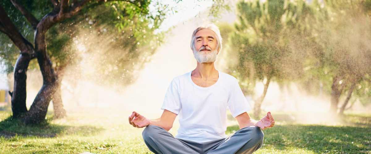 Yoga at park. Senior bearded man in lotus pose sitting on green grass. Concept of calm and meditation.